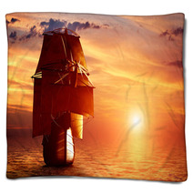 Ancient Pirate Ship Sailing On The Ocean At Sunset Blankets 66004105