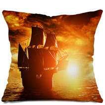 Ancient Pirate Ship Sailing On The Ocean At Sunset Pillows 66004091