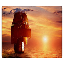 Ancient Pirate Ship Sailing On The Ocean At Sunset Rugs 66004105