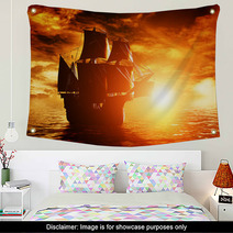 Ancient Pirate Ship Sailing On The Ocean At Sunset Wall Art 66004091