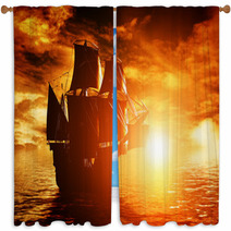 Ancient Pirate Ship Sailing On The Ocean At Sunset Window Curtains 66004091