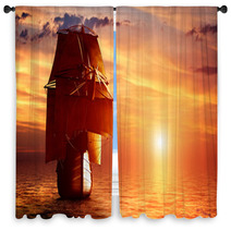 Ancient Pirate Ship Sailing On The Ocean At Sunset Window Curtains 66004105