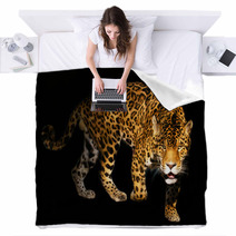 Angry Wild Panther On Black Background Blankets 454094