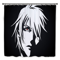 Anime Face From Cartoon With Anime Red Eyes On Black And White Background Vector Illustration Bath Decor 205506807
