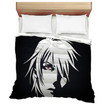 Anime Face From Cartoon With Anime Red Eyes On Black And White Background Vector Illustration Bedding 205506807