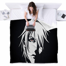 Anime Face From Cartoon With Anime Red Eyes On Black And White Background Vector Illustration Blankets 205506807