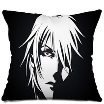 Anime Face From Cartoon With Anime Red Eyes On Black And White Background Vector Illustration Pillows 205506807
