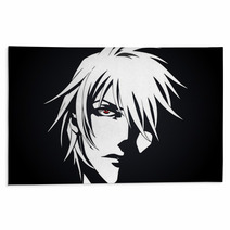 Anime Face From Cartoon With Anime Red Eyes On Black And White Background Vector Illustration Rugs 205506807