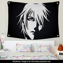 Anime Face From Cartoon With Anime Red Eyes On Black And White Background Vector Illustration Wall Art 205506807