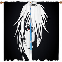 Anime Face From Cartoon With Anime Red Eyes On Black And White Background Vector Illustration Window Curtains 205506807