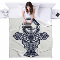 Ankh And Butterfly Tattoo And T Shirt Design Ancient Egyptian Cross T Shirt Design Decorative Ethnic Style Of Ancient Egypt Ankh Symbol Of Eternal Life Tattoo Key To Immortality Blankets 181320759