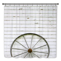Antique Wooden Wagon Wheel On Rustic White Background Bath Decor 67006686