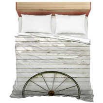 Antique Wooden Wagon Wheel On Rustic White Background Bedding 67006686