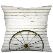 Antique Wooden Wagon Wheel On Rustic White Background Pillows 67006686