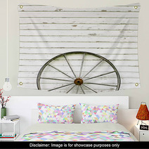 Antique Wooden Wagon Wheel On Rustic White Background Wall Art 67006686