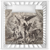 Archangel Michael Fighting With Dragon Engraving Of Nazareene School Published In The Holy Bible St Vojtech Publishing Trnava Slovakia 1937 Nursery Decor 135367534