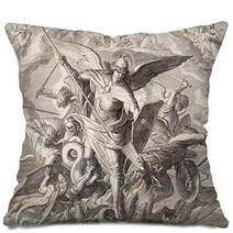 Archangel Michael Fighting With Dragon Engraving Of Nazareene School Published In The Holy Bible St Vojtech Publishing Trnava Slovakia 1937 Pillows 135367534