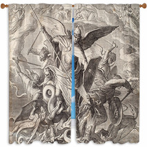 Archangel Michael Fighting With Dragon Engraving Of Nazareene School Published In The Holy Bible St Vojtech Publishing Trnava Slovakia 1937 Window Curtains 135367534