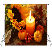 Arrangement Of Sunflower, Candle And Autumn Decorations Backdrops 54141477