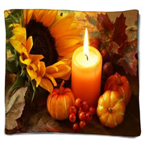 Arrangement Of Sunflower, Candle And Autumn Decorations Blankets 54141477