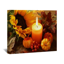 Arrangement Of Sunflower, Candle And Autumn Decorations Wall Art 54141477