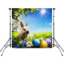 Art Little Easter Bunny And Easter Eggs On Green Grass Backdrops 50351289