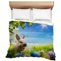 Art Little Easter Bunny And Easter Eggs On Green Grass Bedding 50351289