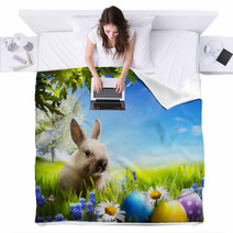 Art Little Easter Bunny And Easter Eggs On Green Grass Blankets 50351289