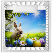 Art Little Easter Bunny And Easter Eggs On Green Grass Nursery Decor 50351289