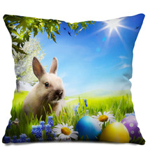 Art Little Easter Bunny And Easter Eggs On Green Grass Pillows 50351289