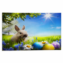 Art Little Easter Bunny And Easter Eggs On Green Grass Rugs 50351289