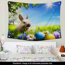 Art Little Easter Bunny And Easter Eggs On Green Grass Wall Art 50351289