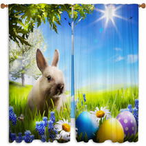 Art Little Easter Bunny And Easter Eggs On Green Grass Window Curtains 50351289