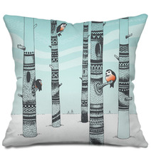 Artsy Snowy Forest With Birds And Trees Pillows 58624161
