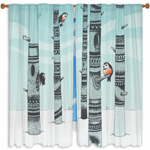 Artsy Snowy Forest With Birds And Trees Window Curtains 58624161