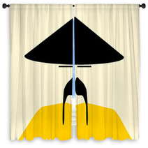 Asian Man Wearing Traditional Conical Hat Window Curtains 56629877