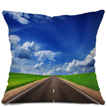 Asphalt Road In Green Fields Under Beautiful Sky Pillows 53760948
