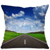 Asphalt Road In Green Fields Under Beautiful Sky Pillows 56772125