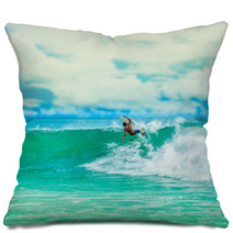 Athletic Surfer With Board Pillows 67795558