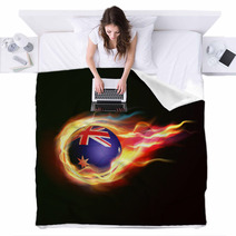 Australia Flag With Flying Soccer Ball On Fire Isolated Blankets 64999027