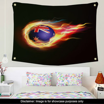 Australia Flag With Flying Soccer Ball On Fire Isolated Wall Art 64999027