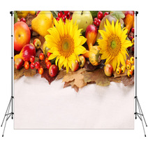 Autumn Frame With Fruits,pumpkins And Sunflowers Backdrops 43970236
