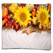 Autumn Frame With Fruits,pumpkins And Sunflowers Blankets 43970236