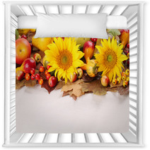 Autumn Frame With Fruits,pumpkins And Sunflowers Nursery Decor 43970236