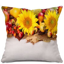 Autumn Frame With Fruits,pumpkins And Sunflowers Pillows 43970236