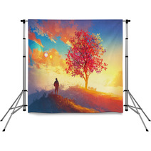 Autumn Landscape With Alone Tree On Mountain Coming Home Concept Illustration Painting Backdrops 90769591