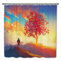 Autumn Landscape With Alone Tree On Mountain Coming Home Concept Illustration Painting Bath Decor 90769591