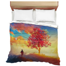 Autumn Landscape With Alone Tree On Mountain Coming Home Concept Illustration Painting Bedding 90769591