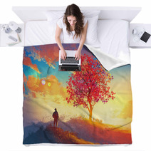 Autumn Landscape With Alone Tree On Mountain Coming Home Concept Illustration Painting Blankets 90769591
