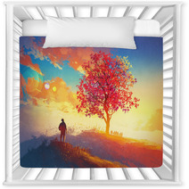Autumn Landscape With Alone Tree On Mountain Coming Home Concept Illustration Painting Nursery Decor 90769591